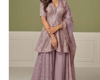 Conjunto Sharara lilás claro, em chinon degradê com bordado de lantejoulas e blusa cropped para casamentos indianos.
