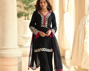 Salwar Kameez preto, traje de festa paquistanês em seda, com design Simar bordado com espelhos.