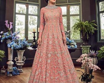 Rose Pink Net Gown: Crystal Embroidery, Gold Thread, Custom Fit Indian Bridal Dress