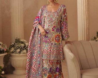 Custom Fit Multi-Color Crepe Silk Gharara Suit: Aari & Gota Patti Embroidery (Indian Wedding Wear)