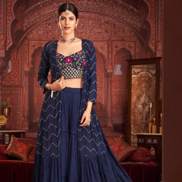 Navy Blue Georgette Sharara Set with Long Jacket: Floral Embroidery, Wedding Reception Outfit