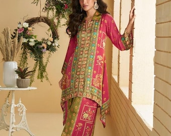 Multicolor Floral Paisley Silk Suit: Royal Mirror Work, High-Low Kurta, Palazzo