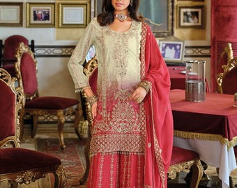 Pakistanischer Sharara, roter Chinon-Seidenanzug mit Stickerei, digital bedruckter Kurta und Dupatta