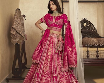 Royal Pink Banarasi Silk Lehenga | Swarovski Khatli Work Bridal Couture (Made to Measure)