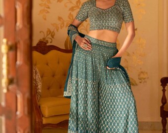 Conjunto Sharara Verde com Bordado de Espelhos: Traje Étnico Paquistanês e Indiano, Tecido Georgette (3 Peças)