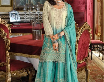 Ausgestelltes Sharara-Set, Akzente aus Spiegelstickerei, türkisfarbenes Outfit für Hochzeitsgäste