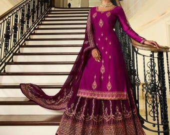 Royal Magenta Sharara Suit | Gold Zari Sequence Embroidery, Custom Festive Wear