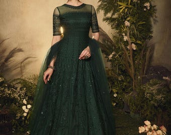 Emerald Green Anarkali Gown, Crystal Embroidery, Soft Net, Satin Lining (Made to Measure)