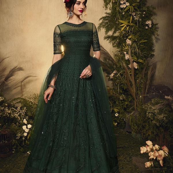Emerald Green Anarkali Gown: Crystal Embroidery, Bridal Evening Wear (Soft Net)