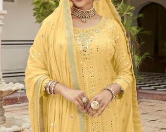 Designer Pure Georgette Sharara Set: Mirror Crystal Work, Festive Party Wear
