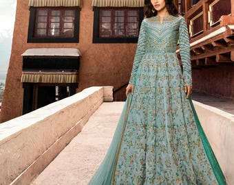 Sea Green Silk Anarkali Gown: Gold Zari Embroidery, Indian Wedding Reception Outfit