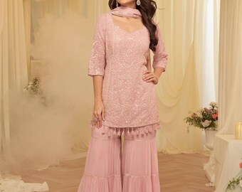 Hochzeits-Salwar-Anzug, rosa Pailletten-Sharara aus besticktem Georgette, indische Festtagskleidung