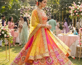 Multicolor Silk Lehenga Choli: Heavy Embroidered Plus Size Indian Wedding Outfit