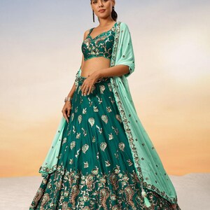 Teal Pure Georgette Lehenga Choli | Embroidered Sequin Work Wedding & Party Wear Lehenga