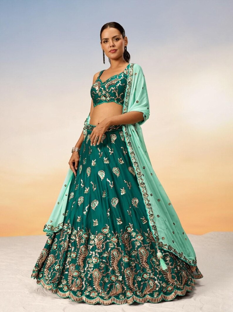 Teal Pure Georgette Lehenga Choli | Embroidered Sequin Work Wedding & Party Wear Lehenga
