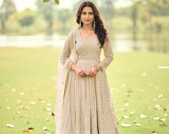 Net Sharara Suit, Lucknowi Thread Work with Hand Fixed Beads, Ethnic Bridal Outfit
