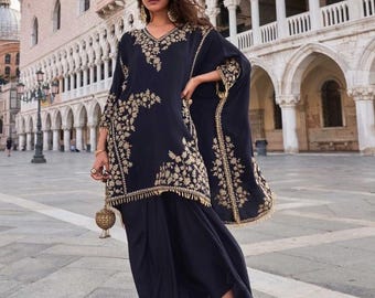 Damen-Kurta-Set, marineblauer Crêpe-Seide, goldene Zari-Stickerei