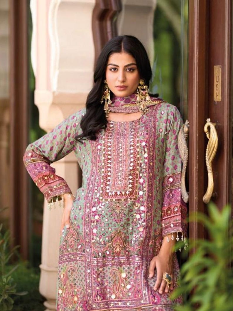 Designer Chinon Silk Salwar Suit: Multicolor Digital Print, Mirror Work Embroidery (Festive Occasion)