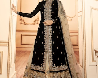 Black Georgette Indo Western Gown: Gold Zari Embroidery Jacket Style Anarkali