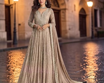 Beige Designer Saboori Georgette Gown with Embroidered Dupatta, Indian Wedding Dress
