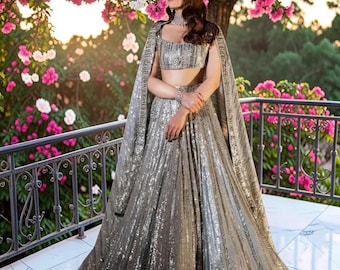 Grey Georgette Lehenga Choli With Heavy Embroidery & Sequin Work, Designer Indian Wedding Lehenga, Bridal Party Wear Ethnic Outfit