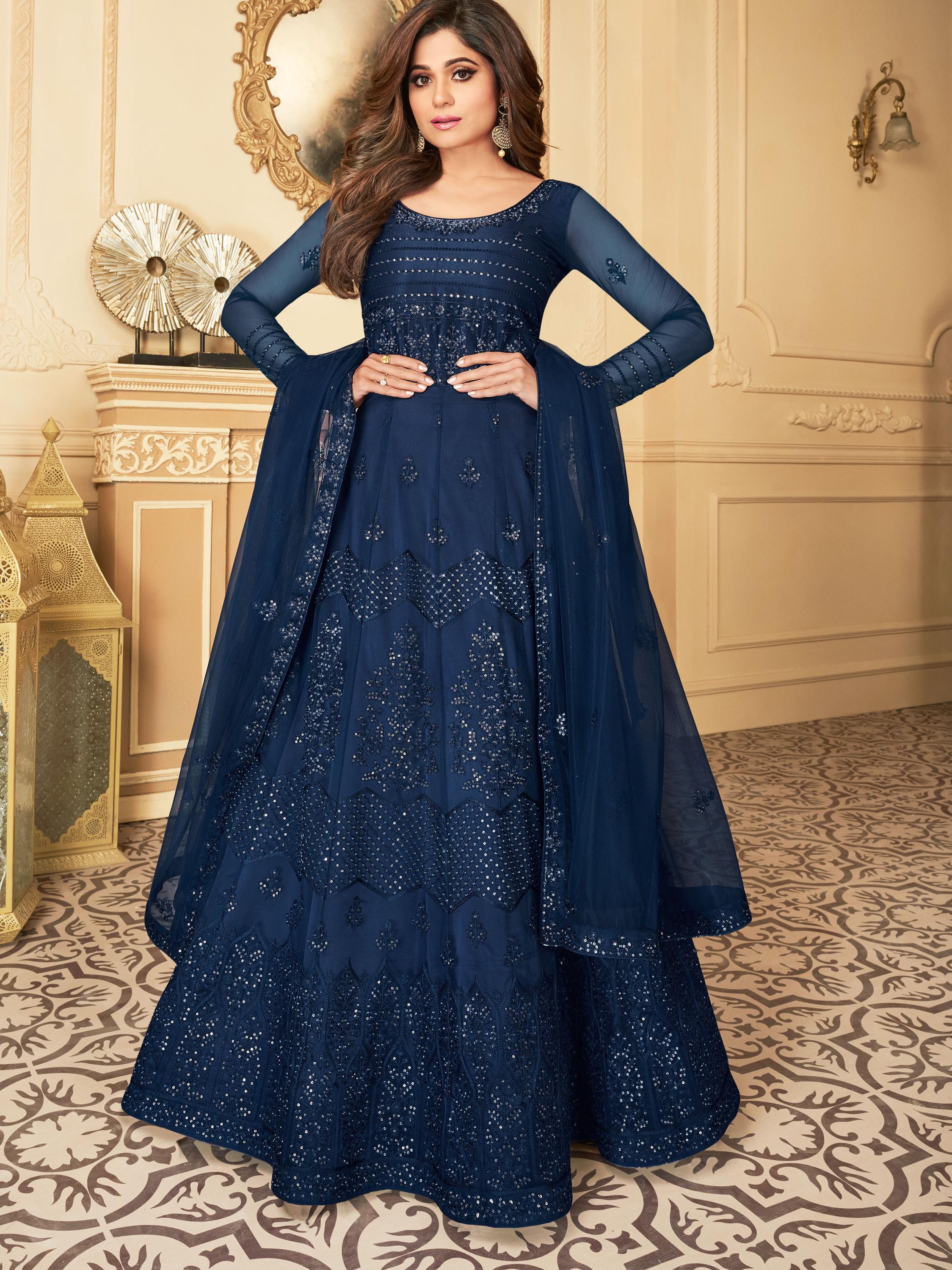 blue dress for baby girl Navy Blue Embroidered Anarkali Gown – FALAKENOOR main image 0