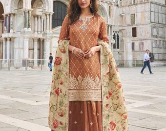Designer Brown Silk Sharara Anzug, Stickerei Pailletten, Pakistanische ethnische Abnutzung