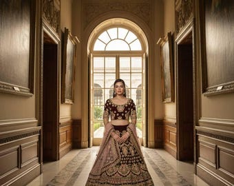 Crystal Zari Velvet Bridal Lehenga – Indian Wedding Wear, Custom Fit