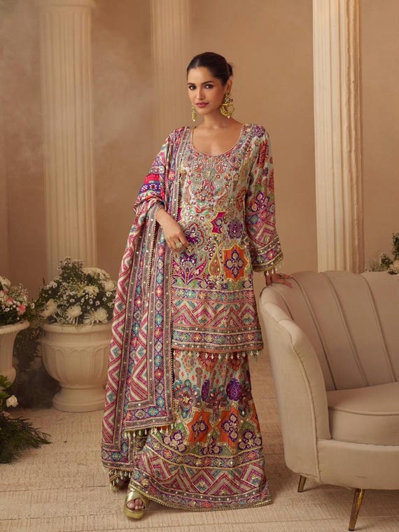Multicolor Embroidered Gharara Suit with Long Kurti : Indian Wedding Party Wear, Pakistani Style Sharara Set, Custom Size Mehndi Event Dress