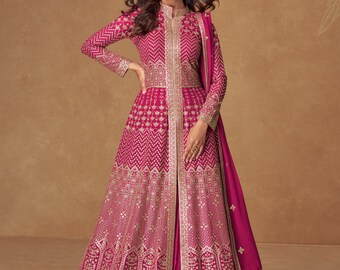 Pink Georgette Embroidered Anarkali Gown: Zari Sequence Party Wear Indian Ethnic