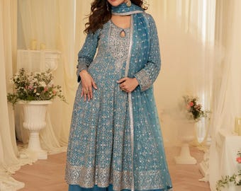 Sharara Azul Royal, Tecido Georgette Fosco, Conjunto de Casamento Zari com Lantejoulas