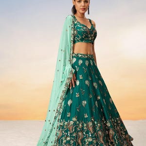 Teal Pure Georgette Lehenga Choli | Embroidered Sequin Work Wedding & Party Wear Lehenga