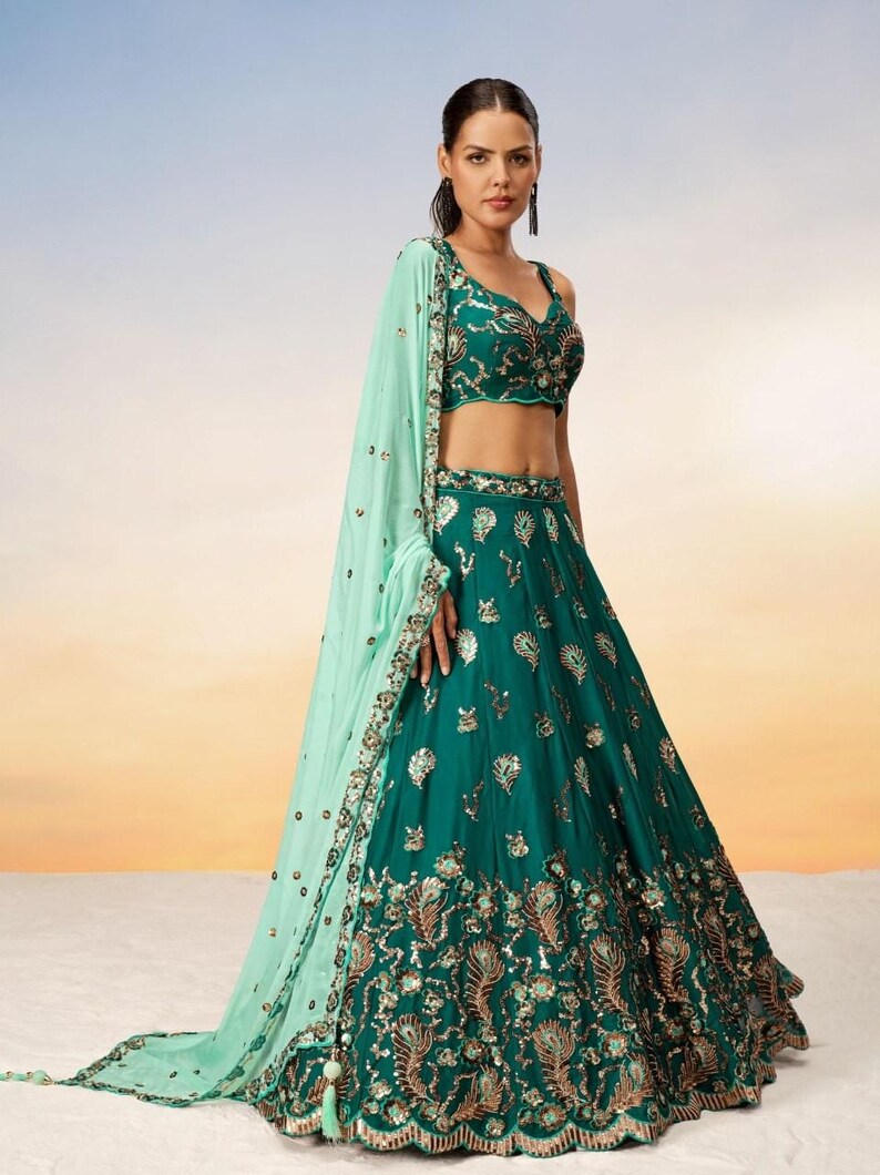 Teal Pure Georgette Lehenga Choli | Embroidered Sequin Work Wedding & Party Wear Lehenga