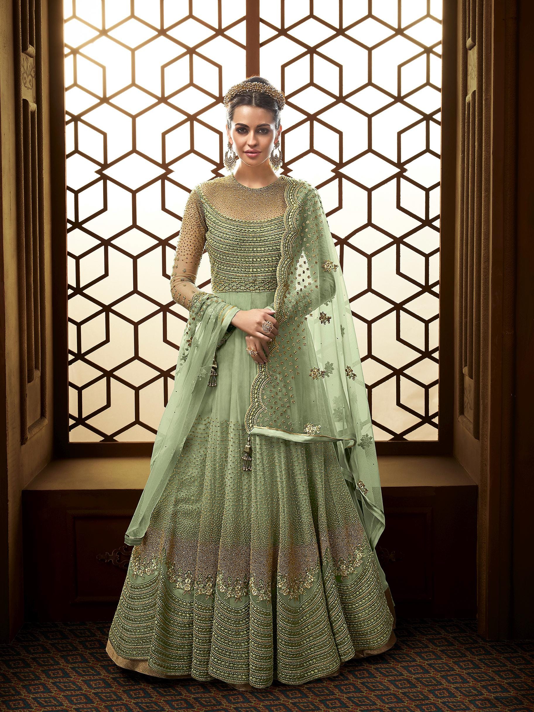 pista green anarkali dress Buy Ishin Women's Cotton Pista Green Embroidered Flared Dress Online main image 1