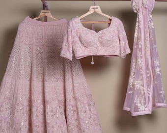Baby Pink Georgette Lehenga Choli With Heavy Lucknowi Work, Designer Indian Wedding Lehenga, Embroidered Bridal Party Wear
