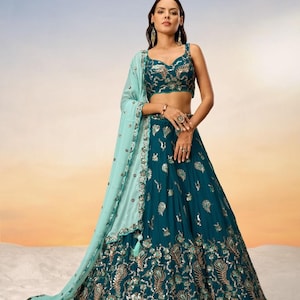 Teal Pure Georgette Lehenga Choli | Embroidered Sequin Work Wedding & Party Wear Lehenga