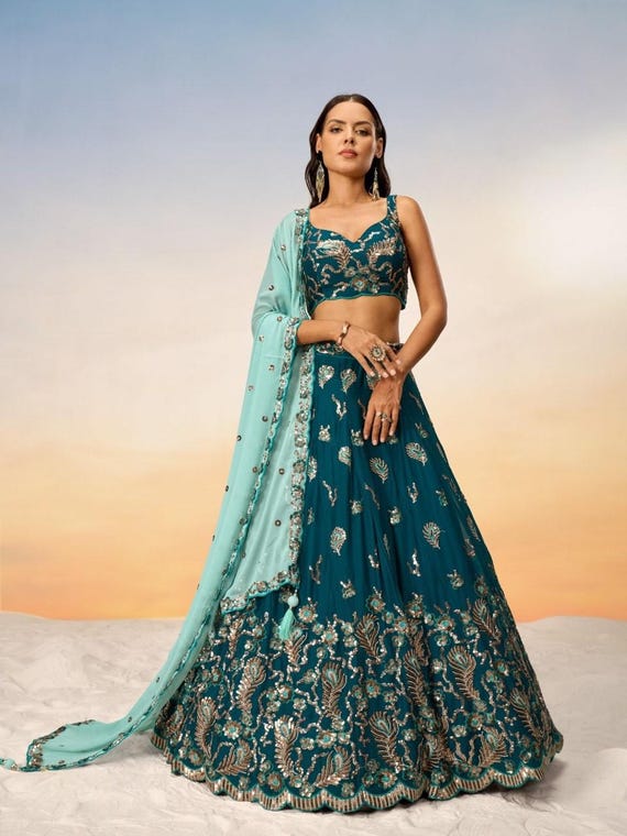 Teal Pure Georgette Embroidered Lehenga Choli – Heavy Flare Wedding Party Wear