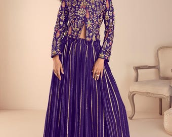 Indischer Salwar Kameez, lila Seidenjacke mit Zari-Resham-Stickerei, ausgestellter Rock, festliche Kleidung