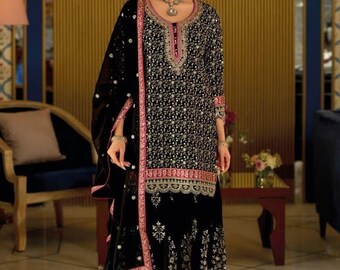 Conjunto Sharara em Georgette Preto: Bordado em Zari Dourado, Roupa Paquistanesa para o Eid, Terno Formal Indiano