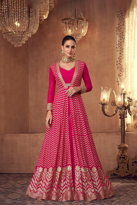 Hot Pink Georgette Indo Western Gown with Sequin Jacket: Sangeet Party Wear Set