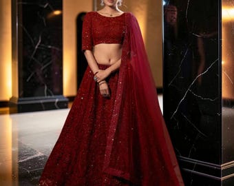 Red Lehenga Choli With Heavy Thread & Sequin Work, Designer Indian Wedding Lehenga, Bridal Party Wear Chaniya Choli, Festive Outfit