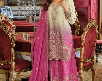 Ombré-Sharara-Anzug, reinrosa Chinonseide mit Digitaldruck, Hochzeitsgast-Outfit