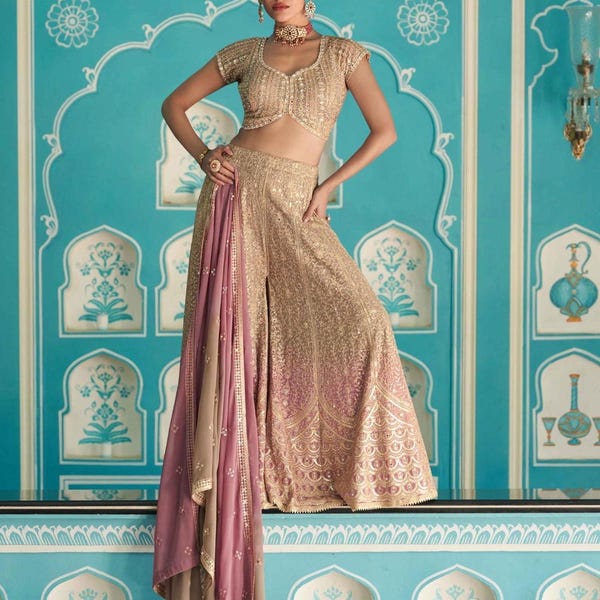 Mirror Work Sharara Set: Lavender Purple Georgette, Zarkan Embroidery, Custom Fit