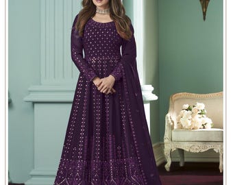 Deep Purple Net Anarkali Gown – Sequins, Crystal Embroidery, Indian Wedding Wear