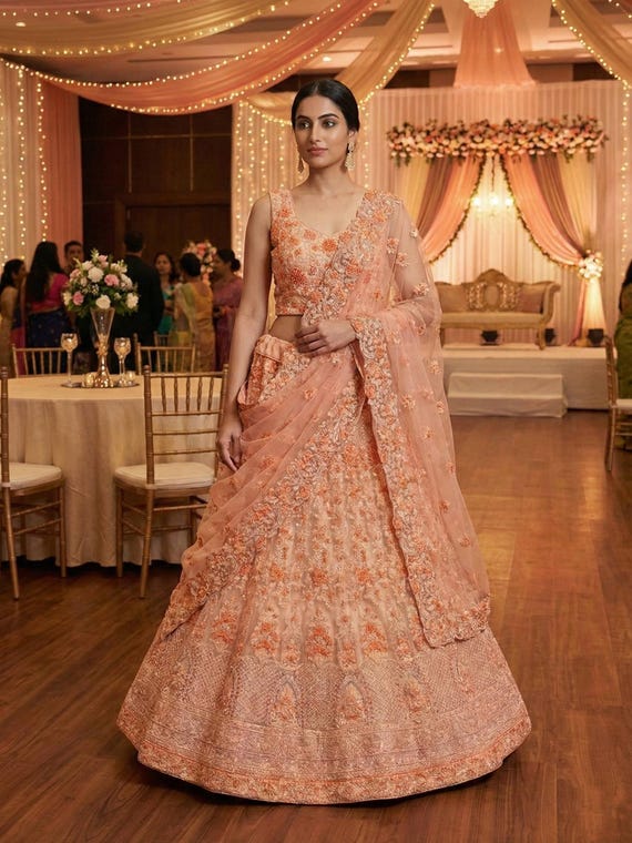 peach and gold indian wedding dress Floral Zari Embroidered Bridal Lehenga Choli: Soft Net Fabric, Custom Fit MAXI
