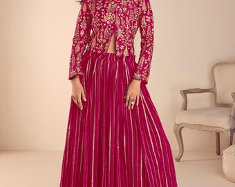 Pakistani Kurta Set, Hot Pink Embroidered Silk, Heavy Zari Resham Jacket
