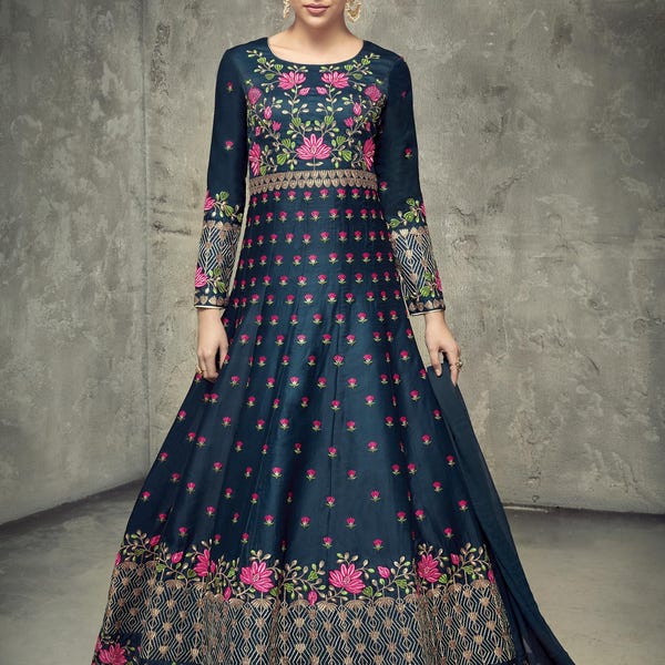 Navy Blue Silk Anarkali Gown: Pink Floral Embroidery, Indian Wedding Outfit