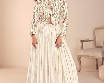 Jacket Salwar Suit, White Resham Embroidery, Silk Fabric, Flared Bottom Salwar