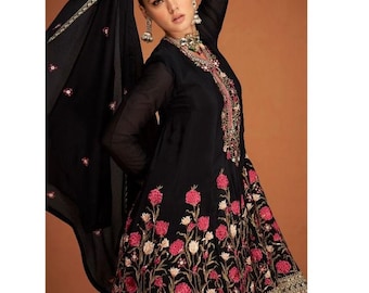 Conjunto Chinon Sharara, bordado de seda Zari, rede macia Dupatta