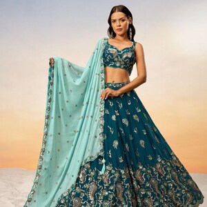 Teal Pure Georgette Lehenga Choli | Embroidered Sequin Work Wedding & Party Wear Lehenga